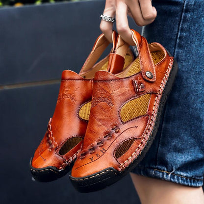 Men's Open-Toe Leather Sandals – Handcrafted, Rubber Sole, Round Toe for Summer Travel & Casual Wear – Sizes US 6.5-13