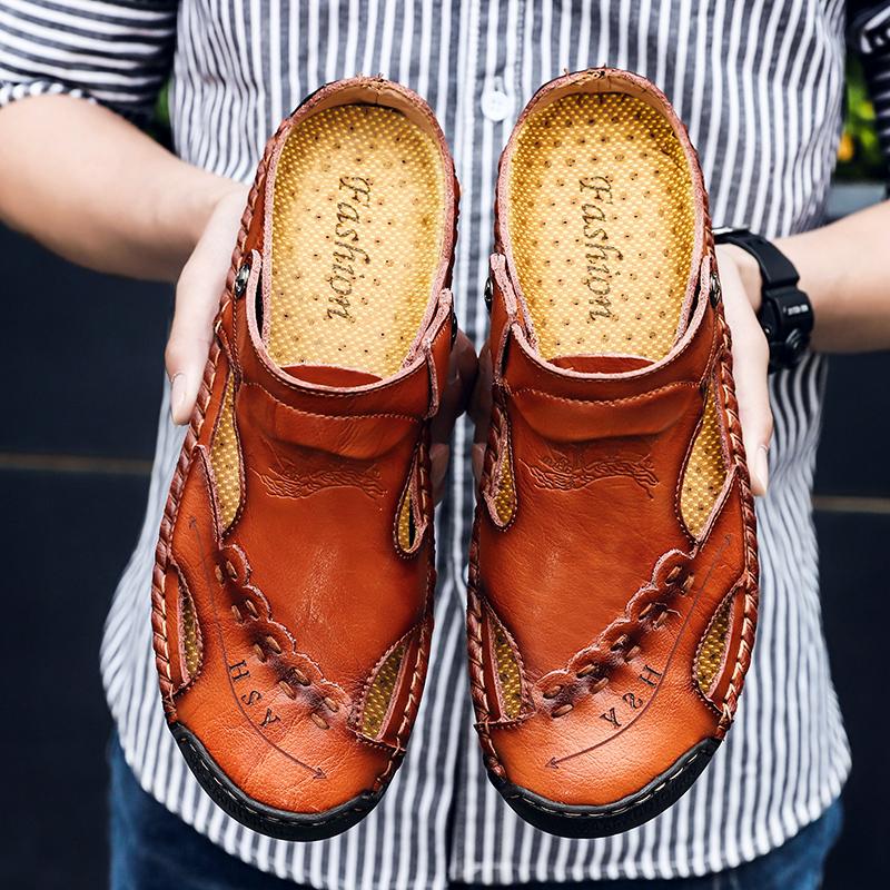 Men's Open-Toe Leather Sandals – Handcrafted, Rubber Sole, Round Toe for Summer Travel & Casual Wear – Sizes US 6.5-13