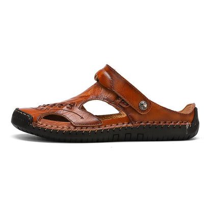 Men's Open-Toe Leather Sandals – Handcrafted, Rubber Sole, Round Toe for Summer Travel & Casual Wear – Sizes US 6.5-13