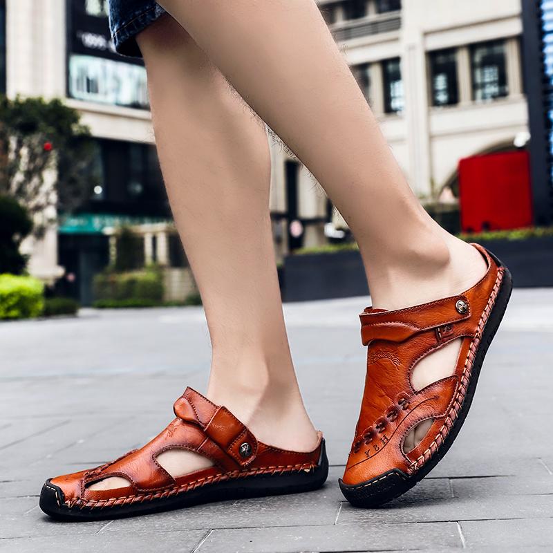 Men's Open-Toe Leather Sandals – Handcrafted, Rubber Sole, Round Toe for Summer Travel & Casual Wear – Sizes US 6.5-13
