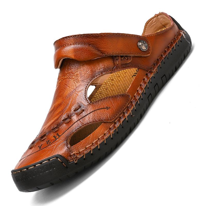 Men's Open-Toe Leather Sandals – Handcrafted, Rubber Sole, Round Toe for Summer Travel & Casual Wear – Sizes US 6.5-13