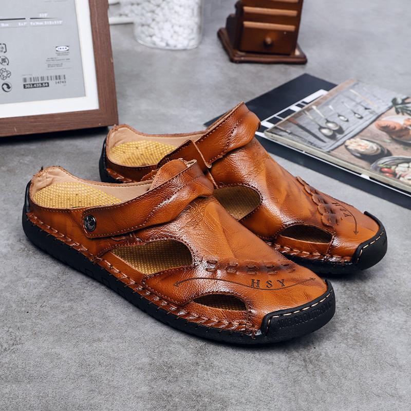 Men's Open-Toe Leather Sandals – Handcrafted, Rubber Sole, Round Toe for Summer Travel & Casual Wear – Sizes US 6.5-13