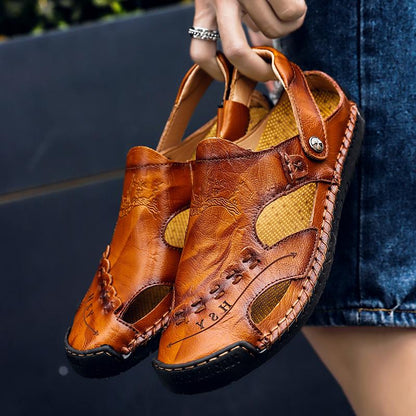 Men's Open-Toe Leather Sandals – Handcrafted, Rubber Sole, Round Toe for Summer Travel & Casual Wear – Sizes US 6.5-13