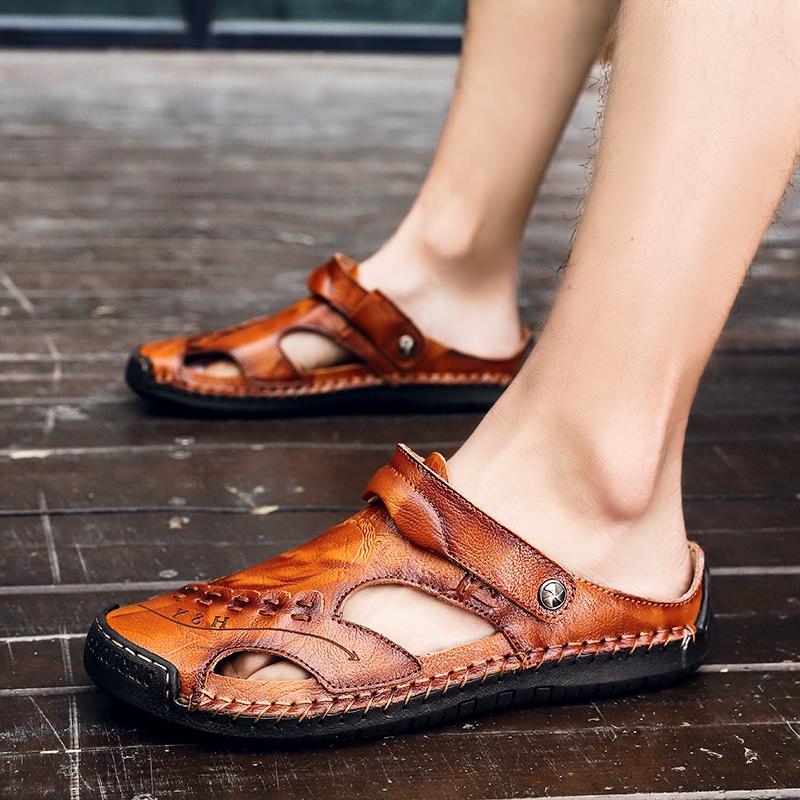 Men's Open-Toe Leather Sandals – Handcrafted, Rubber Sole, Round Toe for Summer Travel & Casual Wear – Sizes US 6.5-13