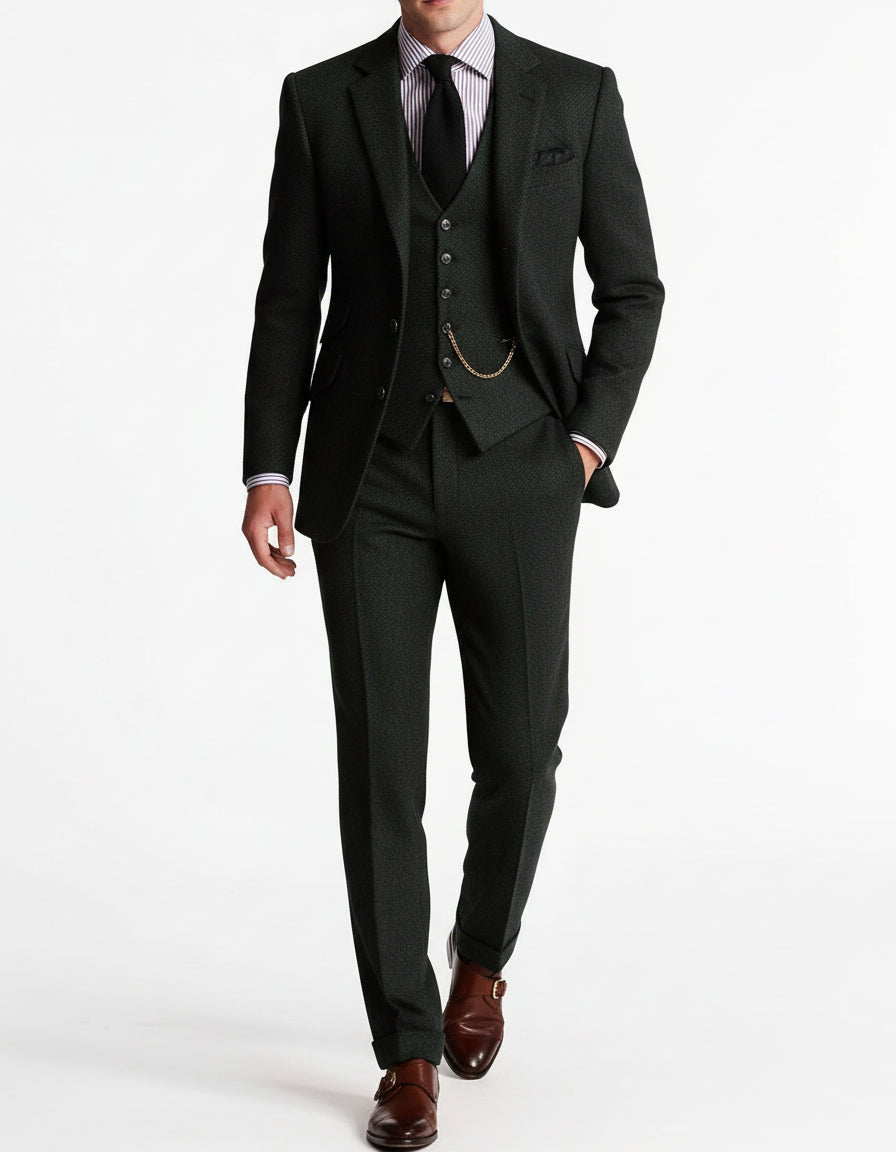 Men's Herringbone Wool-Blend Suit – Tailored 3-Piece Jacket Vest Pants Set for Weddings & Formal Occasions