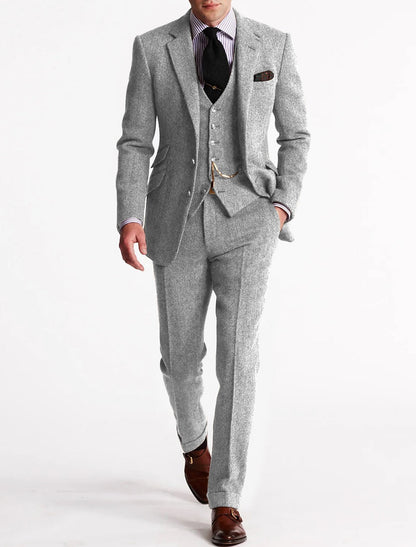 Men's Herringbone Wool-Blend Suit – Tailored 3-Piece Jacket Vest Pants Set for Weddings & Formal Occasions