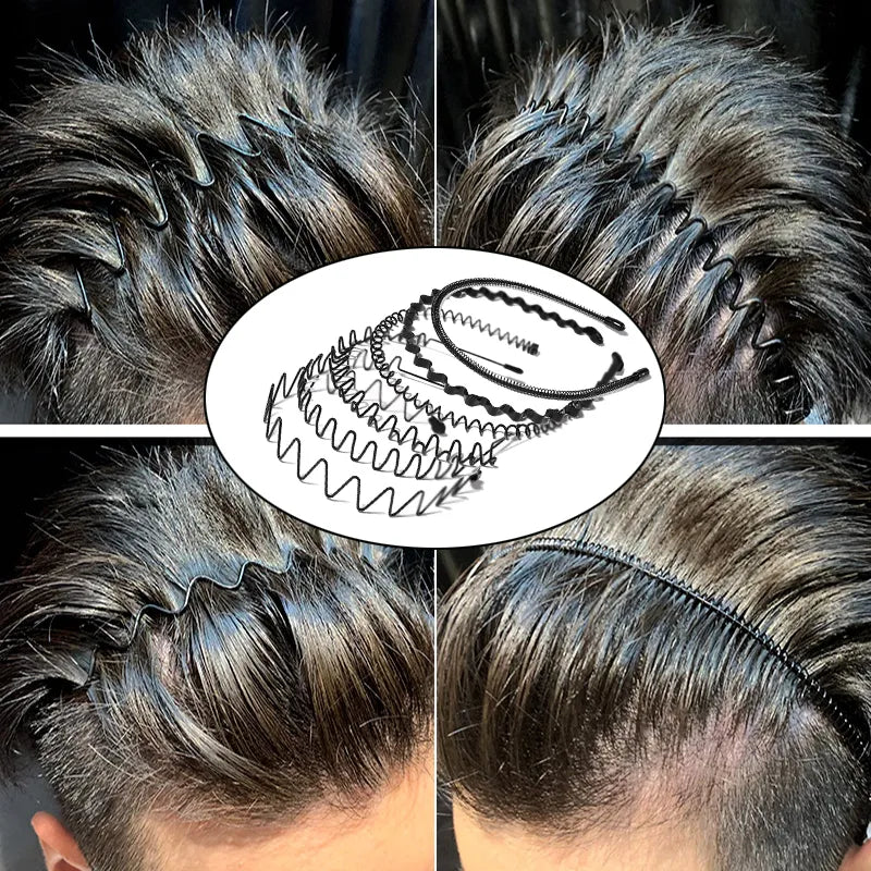 Metal Hair Bands for Men – Wave, Spiral, Circle, Zigzag Designs – Non-Slip, One Size Fits All – Pack of 6