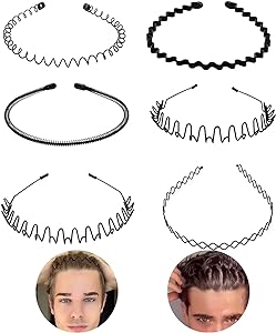 Metal Hair Bands for Men – Wave, Spiral, Circle, Zigzag Designs – Non-Slip, One Size Fits All – Pack of 6
