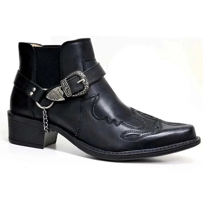 Men's Pointed-Toe Ankle Boots with Chain Detail – Leather Western Motorcycle Style for Urban Wear & Casual Outfits