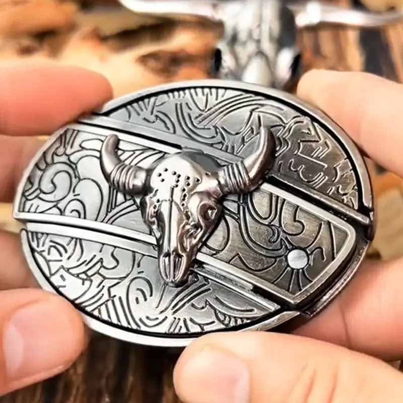 Western Metal Belt Buckle with Hidden EDC Tool | Interchangeable Oval Designs for Men & Women | Fits 1.5 Inch Belts | Rodeo Ranch Country
