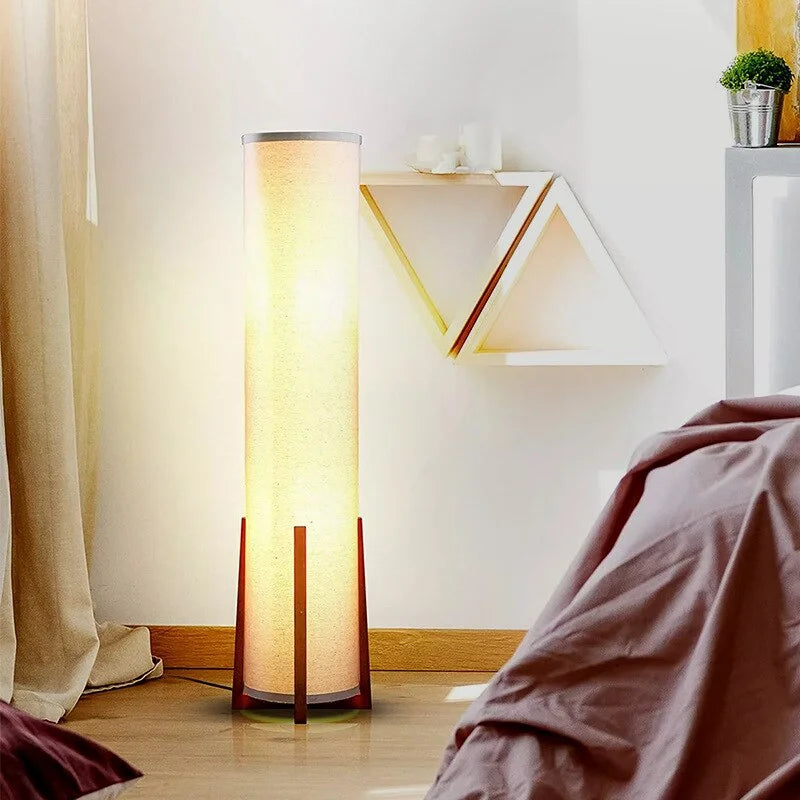 Wooden Standing Lamp with Cylinder Fabric Shade 47 in Tall Ambient Light for Living Room Bedroom Reading Corner Modern Neutral Decor Accent