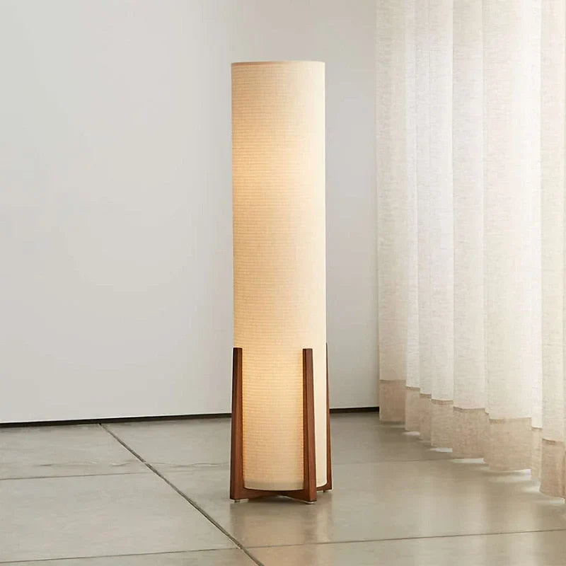 Wooden Standing Lamp with Cylinder Fabric Shade 47 in Tall Ambient Light for Living Room Bedroom Reading Corner Modern Neutral Decor Accent