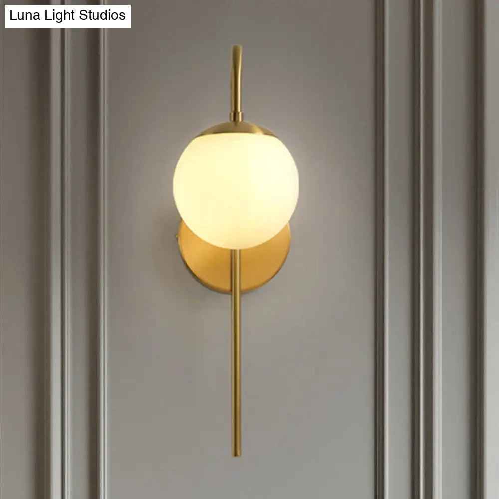 Frosted Glass Globe Wall Light with Curved Brass Arm for Bedroom, Hallway & Living Room – Single LED Sconce