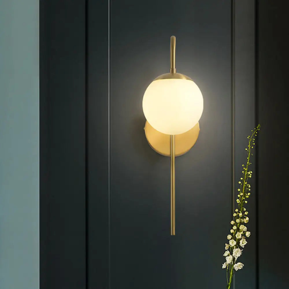 Frosted Glass Globe Wall Light with Curved Brass Arm for Bedroom, Hallway & Living Room – Single LED Sconce