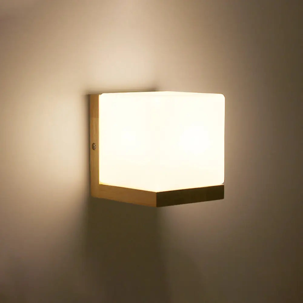 Wood & Cream Glass Wall Sconce for Stairway, Geometric Single-Light Fixture, E26 Base, Flush-Mount Design for Hallway & Bedroom Lighting