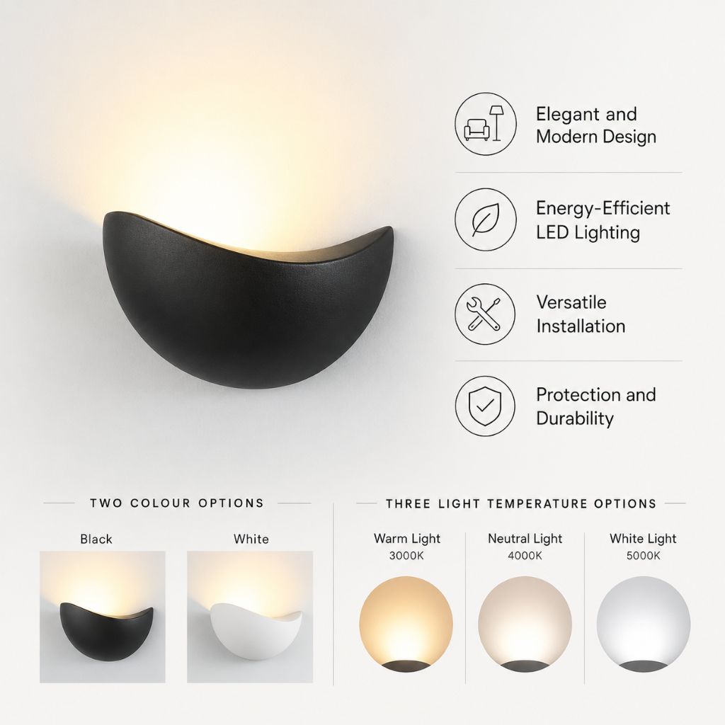 Half-Moon Aluminum LED Sconce – 5W Low-Profile Fixture for Bedroom, Hallway & Porch – IP65 Weatherproof Wall Lighting 3000K-5000K