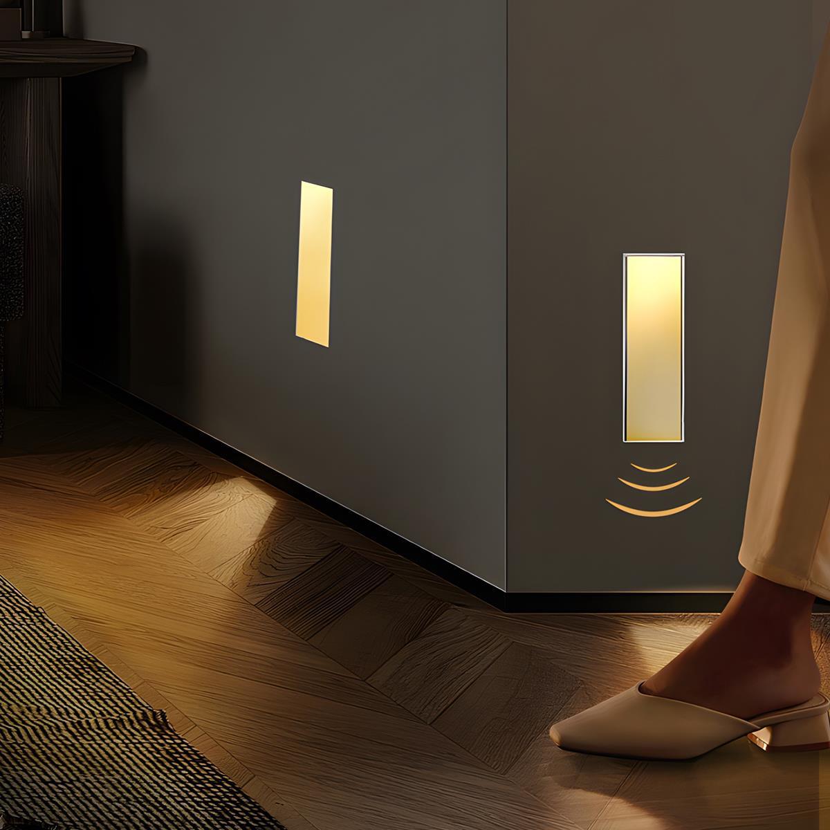Motion Sensor LED Recessed Step Light White Aluminum 4 in x 1.8 in x 7.9 in for Stairs Hallways Bedrooms Night Safety Lighting Indoor Flush
