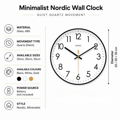 Silent Wall Clock with Glass Face – Modern Scandinavian Design for Home & Office – 10, 12 or 14 Inch