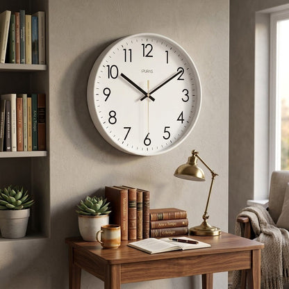 Silent Wall Clock with Glass Face – Modern Scandinavian Design for Home & Office – 10, 12 or 14 Inch