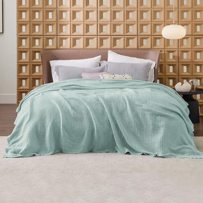 100% Cotton Waffle Weave Throw Blanket Queen King Breathable Lightweight Bed Cover for All Seasons Couch Sofa Bedroom Layering Textured