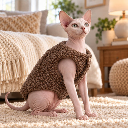Ortekor Cozy Cat Turtleneck Sweater & Sherpa Vest Set - Cool-Weather Indoor Layers for Hairless & Short-Haired Cats