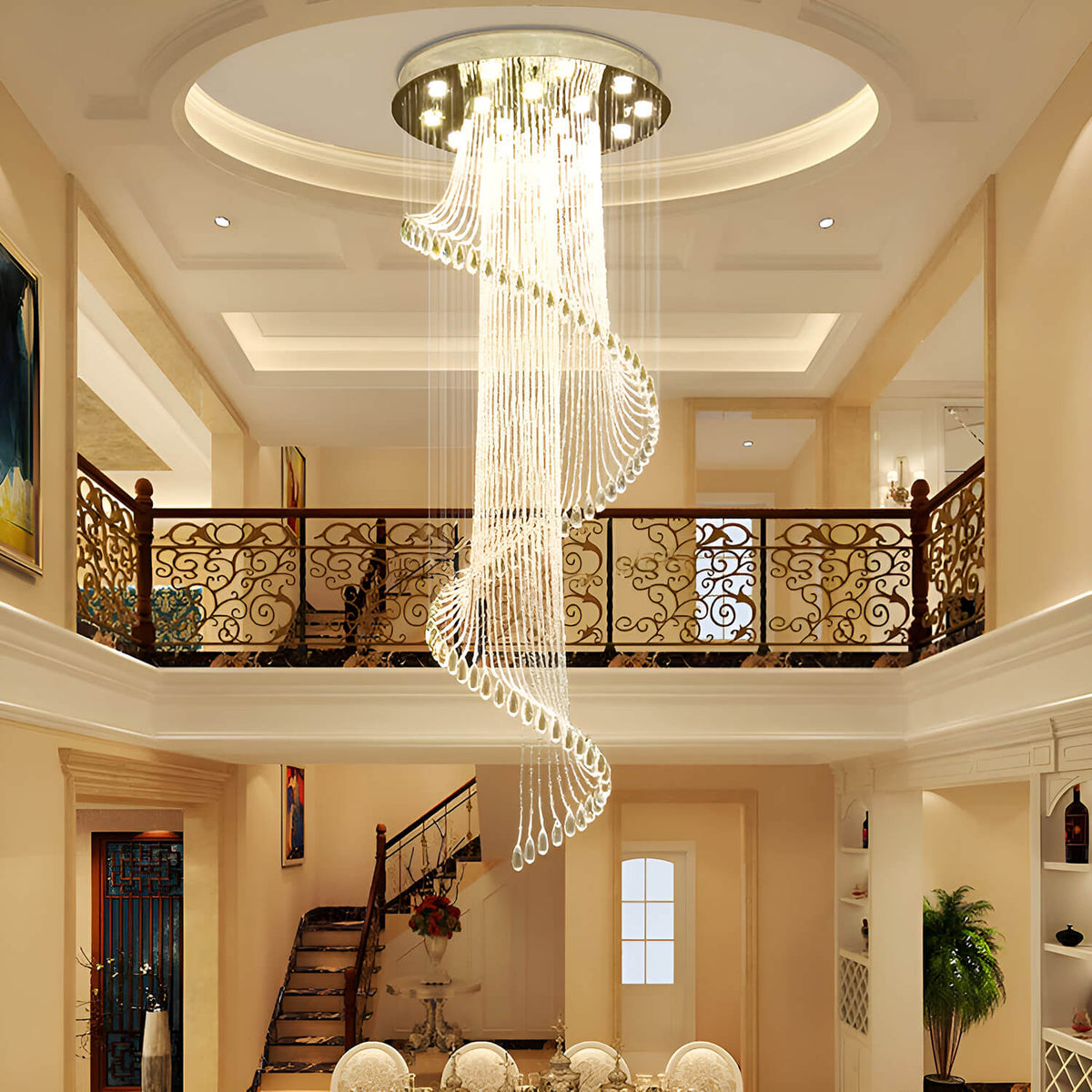 Hanging Light Fixture Cascading Crystal Strands Chrome 47 Inches Tall for Two-Story Foyer Stairwell Hallway Living Room High Ceiling Vertica