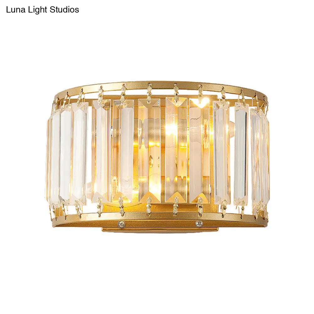 Crystal Drum Wall Sconce for Living Room | Single-Light Fixture with Clear Shade | Gold Finish Indoor Lighting | Compatible with E12/E14