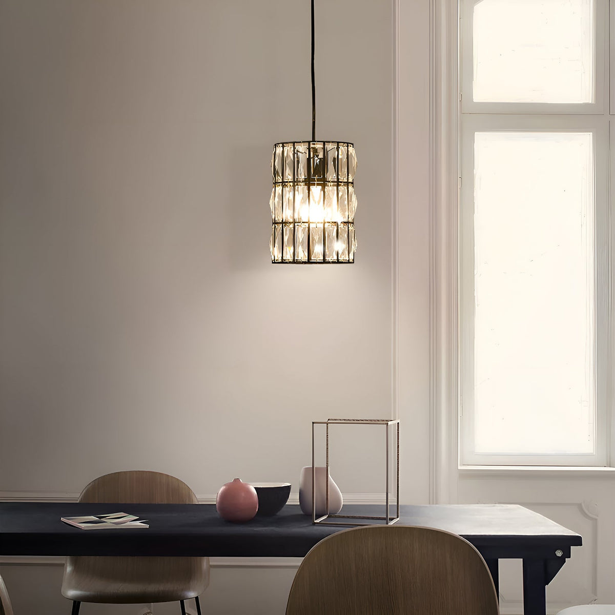 Black Metal Geometric Crystal Pendant Light E12 Candelabra Socket Modern Dining Room Chandelier Adjustable Cord Kitchen Island Bedroom