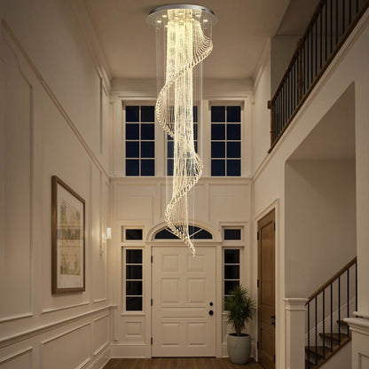 Hanging Light Fixture Cascading Crystal Strands Chrome 47 Inches Tall for Two-Story Foyer Stairwell Hallway Living Room High Ceiling Vertica
