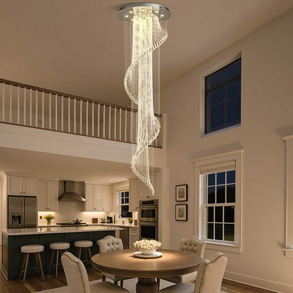 Spiral Crystal Raindrop Chandelier Chrome Finish Contemporary Lighting for Staircase Foyer High Ceiling Entryway Multi-Tier LED Fixture