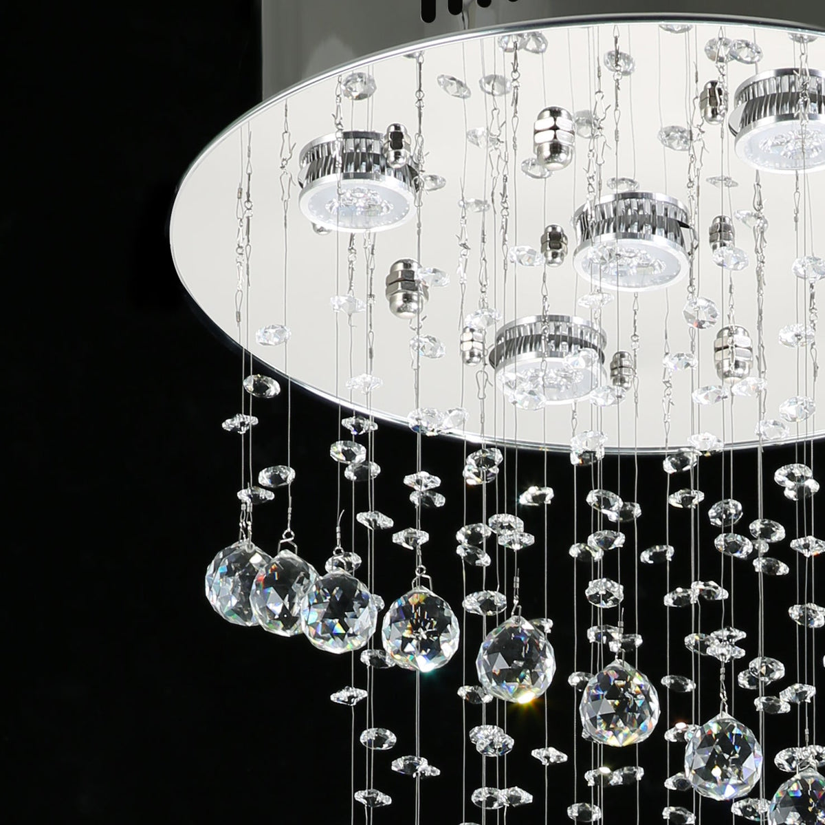 Hanging Raindrop Chandelier with Multi-Tier Clear Faceted Beads & Polished Metal Canopy for Foyer & Stairwell
