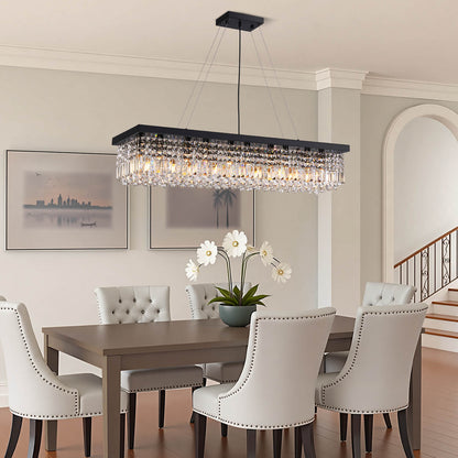 Linear Crystal Pendant Light 47 in Matte Black Rectangular Hanging Fixture for Kitchen Island Dining Table Modern Raindrop Lighting