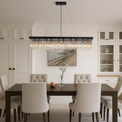 Linear Crystal Pendant Light 47 in Matte Black Rectangular Hanging Fixture for Kitchen Island Dining Table Modern Raindrop Lighting