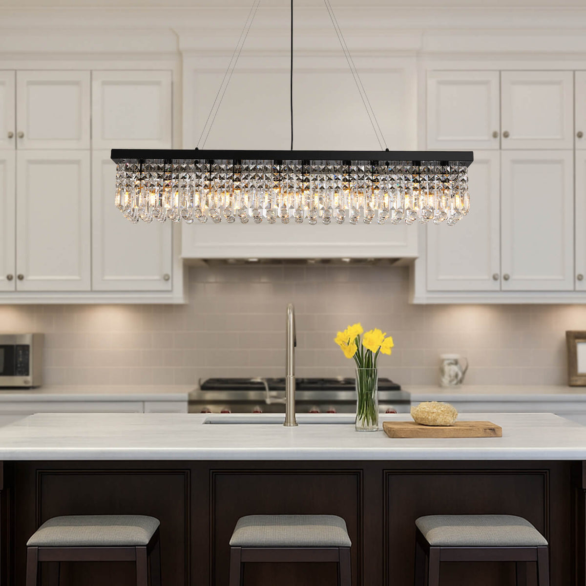 Linear Crystal Pendant Light 47 in Matte Black Rectangular Hanging Fixture for Kitchen Island Dining Table Modern Raindrop Lighting