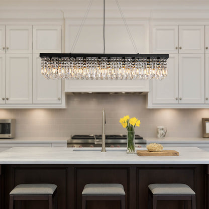 Linear Crystal Pendant Light 47 in Matte Black Rectangular Hanging Fixture for Kitchen Island Dining Table Modern Raindrop Lighting