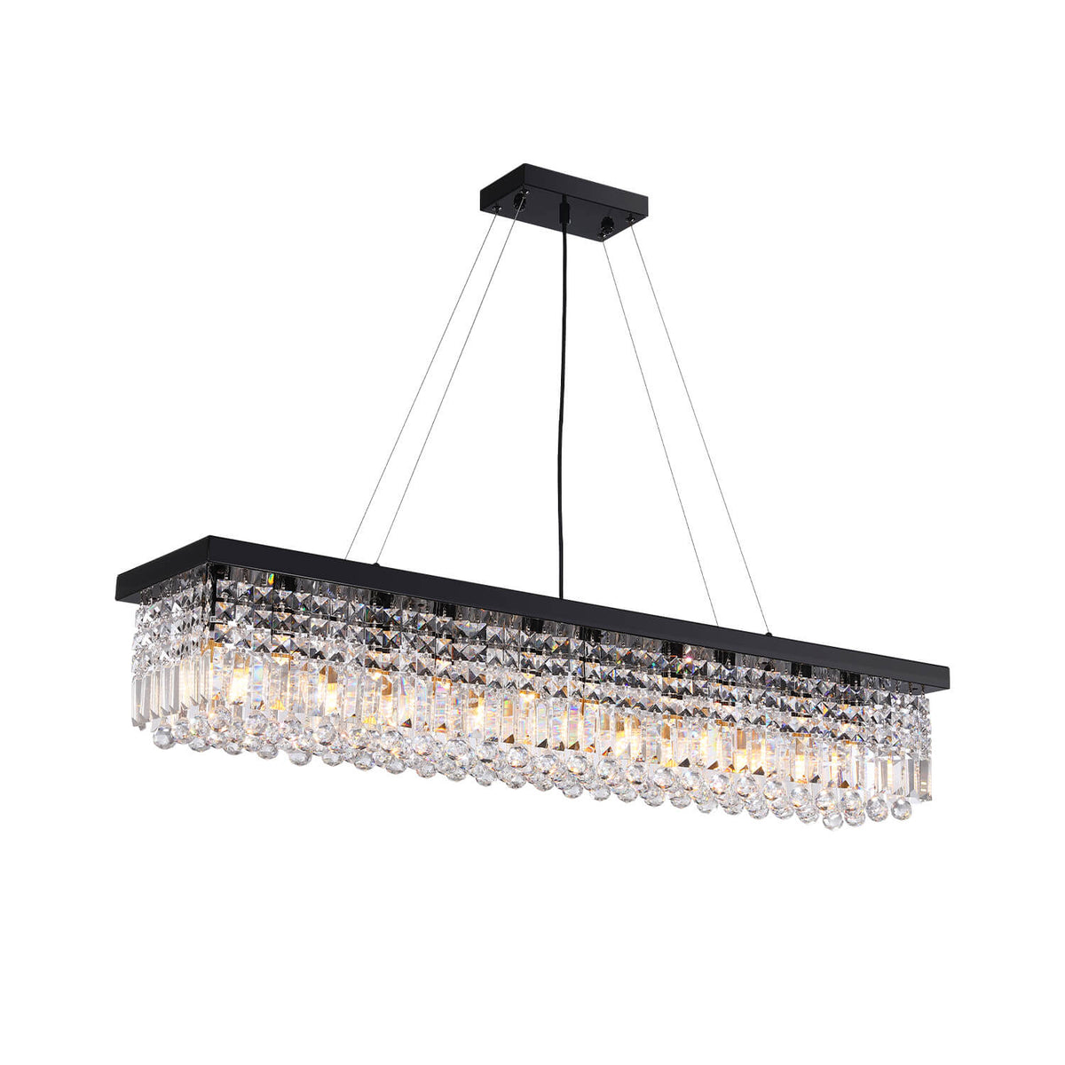 Linear Crystal Pendant Light 47 in Matte Black Rectangular Hanging Fixture for Kitchen Island Dining Table Modern Raindrop Lighting
