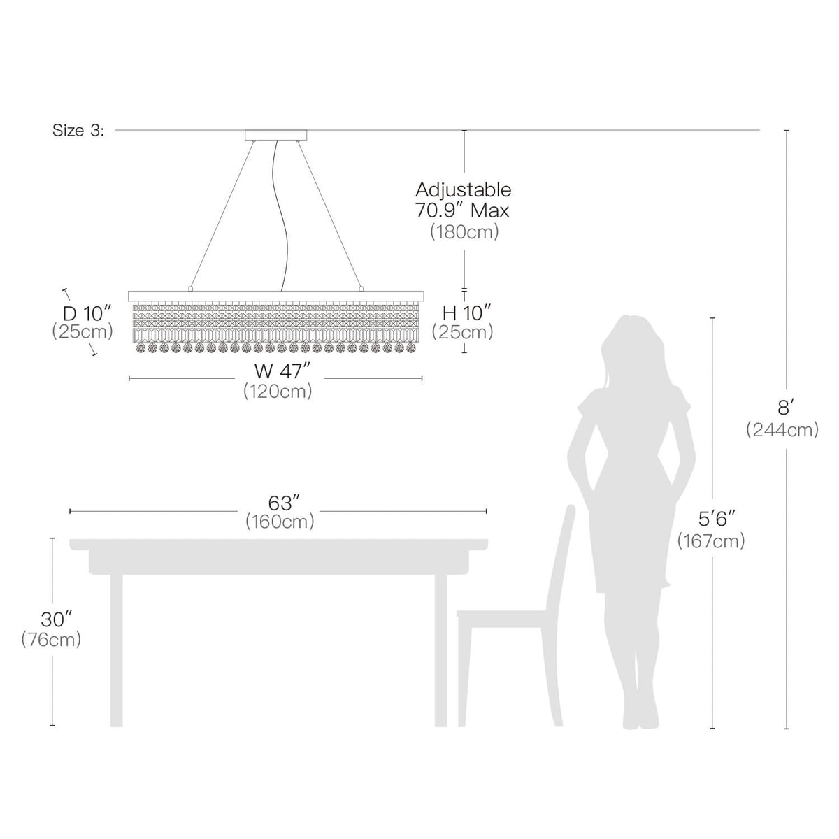 Linear Crystal Pendant Light 47 in Matte Black Rectangular Hanging Fixture for Kitchen Island Dining Table Modern Raindrop Lighting