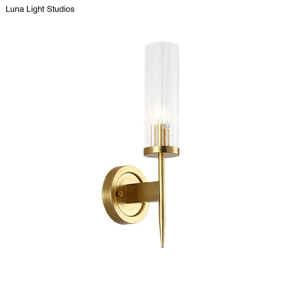 Cylinder Wall Sconce Light Fixture Gold Finish Clear Prism Glass Shade Corner Mount Modern Hallway Bedroom Bathroom Entryway Lighting