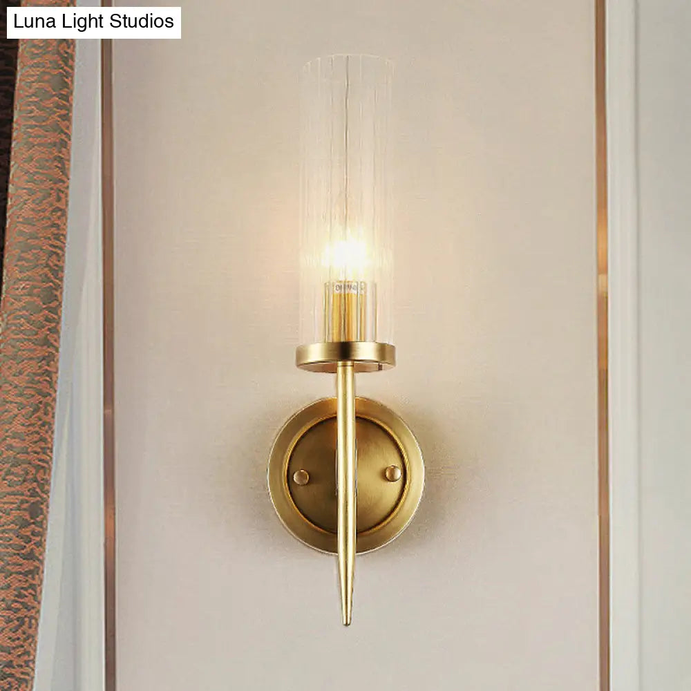Cylinder Wall Sconce Light Fixture Gold Finish Clear Prism Glass Shade Corner Mount Modern Hallway Bedroom Bathroom Entryway Lighting