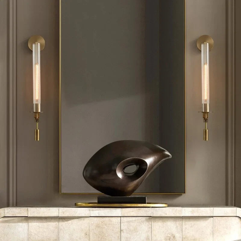 Vertical Glass Sconce with Gold Metal Frame 23 Inch LED Fixture for Bath Vanity Bedroom Hallway Ambient Illumination Contemporary Accent