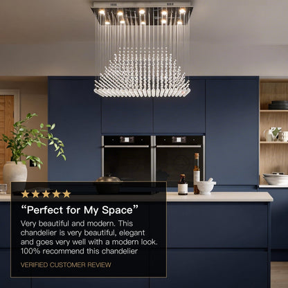 Rectangular Crystal Chandelier with Pyramid Design, 10-Light Stainless Steel Hanging Fixture for Dining Room, Kitchen Island & Living Room