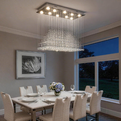 Rectangular Crystal Chandelier with Pyramid Design, 10-Light Stainless Steel Hanging Fixture for Dining Room, Kitchen Island & Living Room