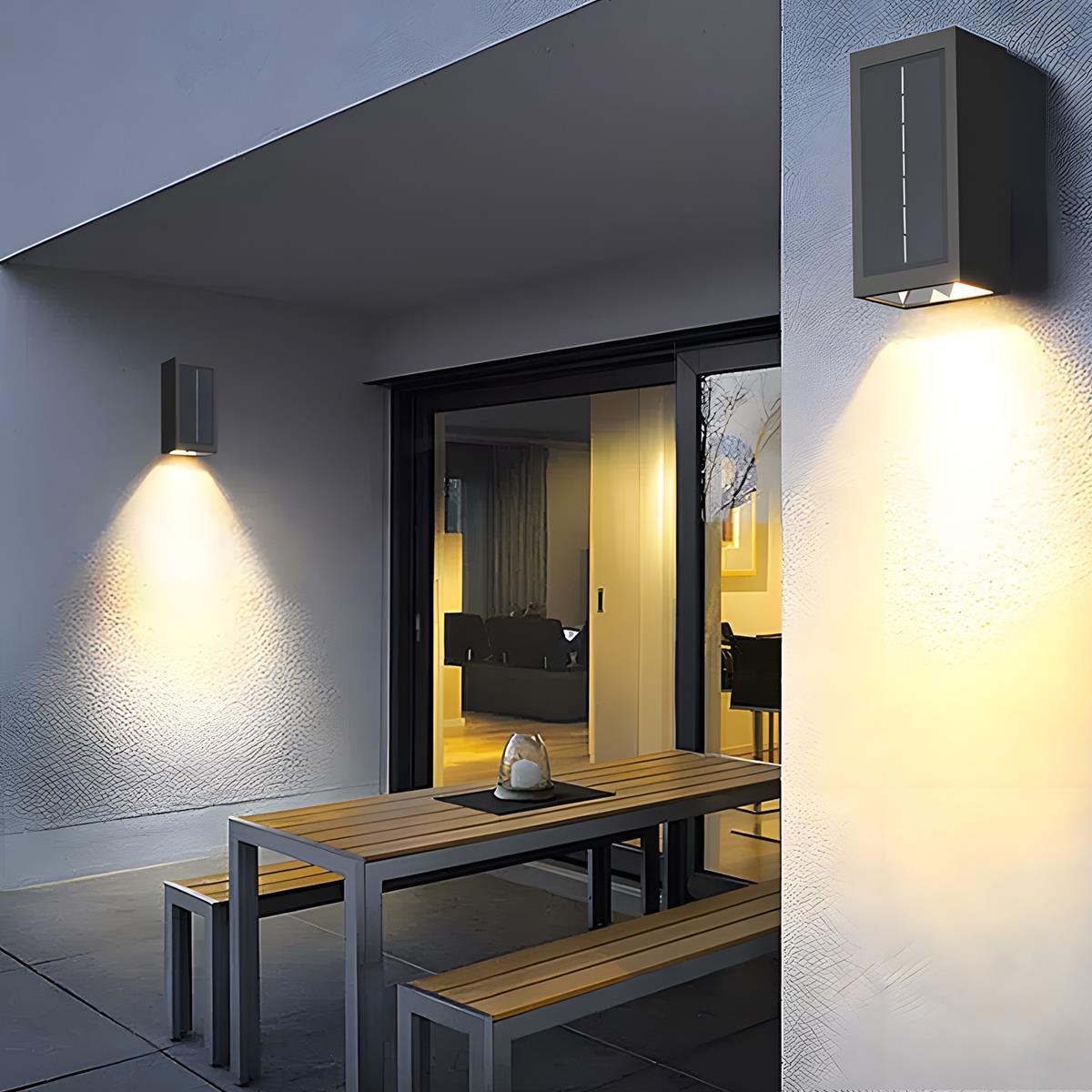 Modern Solar LED Outdoor Sconce with Remote Control Dual-Beam Up Down Light for Facade Patio Garden Entryway Weatherproof Aluminum Fixture i