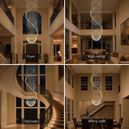 Spiral Crystal Raindrop Chandelier with Three Cascading Tiers for High Ceilings