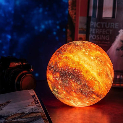 3D Printed Lunar Surface Night Light with Remote Control 16-Color LED Sphere on Wood Base for Bedroom Desk Space Decor