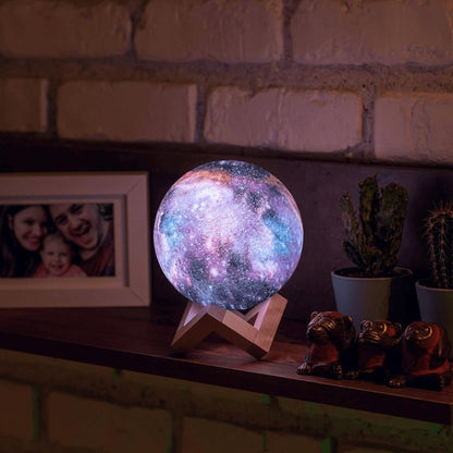 3D Printed Lunar Surface Night Light with Remote Control 16-Color LED Sphere on Wood Base for Bedroom Desk Space Decor