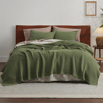 100% Cotton Waffle Weave Throw Blanket Queen King Breathable Lightweight Bed Cover for All Seasons Couch Sofa Bedroom Layering Textured