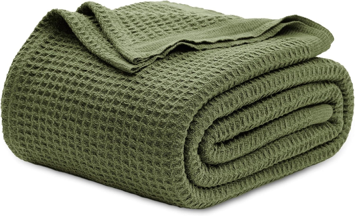 Cotton Throw Blanket for Bed, Waffle Weave Queen Size Blanket for All Seasons, Soft Breathable Cotton Blanket for Couch