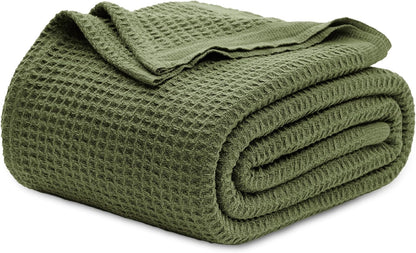 Cotton Throw Blanket for Bed, Waffle Weave Queen Size Blanket for All Seasons, Soft Breathable Cotton Blanket for Couch