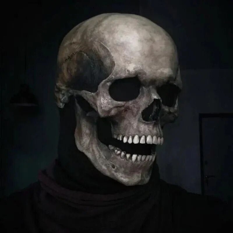 Animatronic Skull Head Mask with Articulated Jaw for Costume Parties & Horror Cosplay – Full Coverage Latex Skeleton Disguise